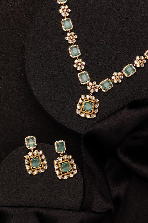 Sahana Aquamarine Golden Necklace Set